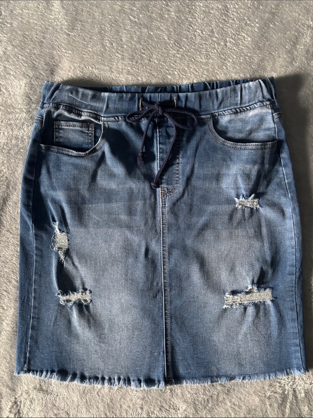 Distressed Blue Denim Drawstring Mini Skirt